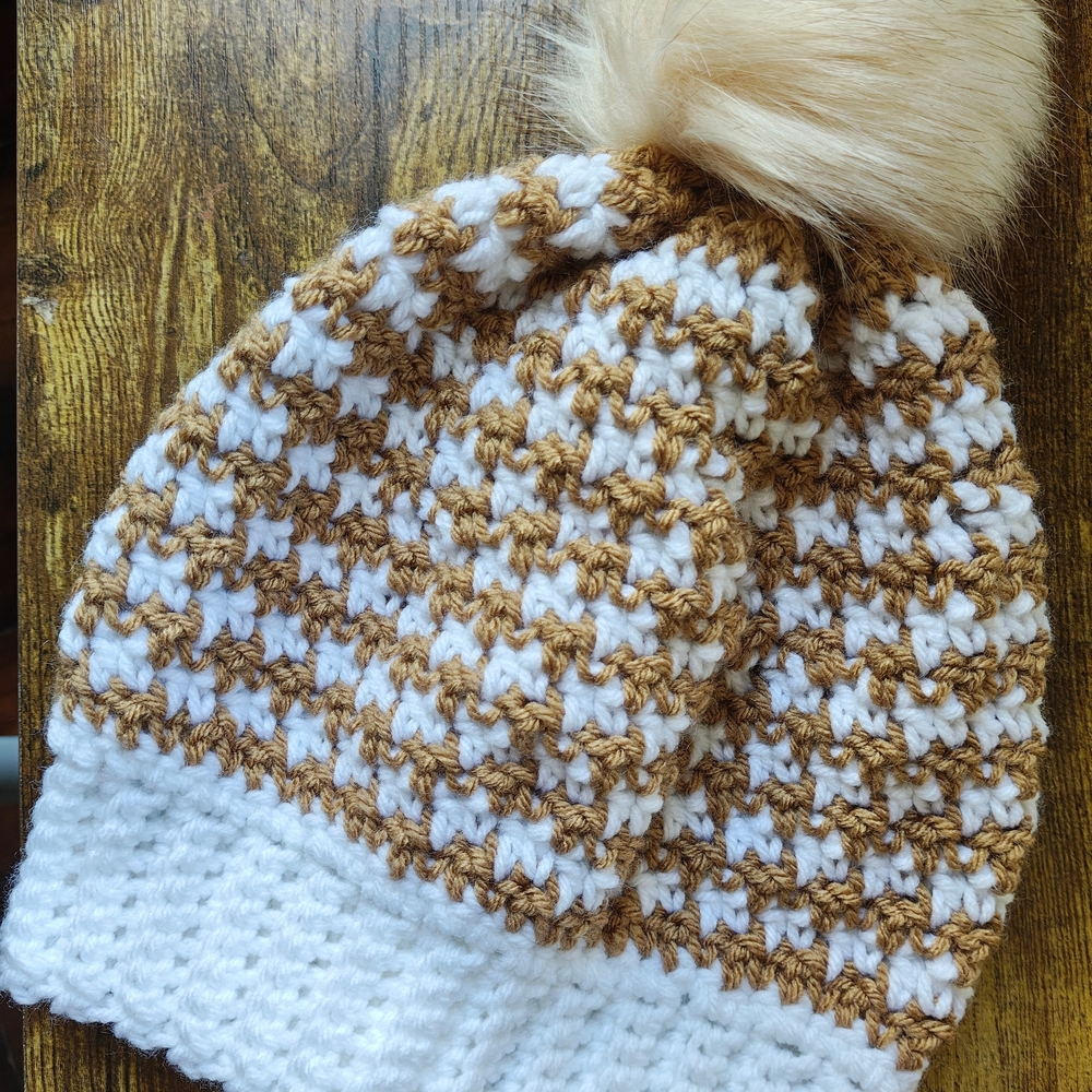Cozy White and Brown Knit Pom-Pom Beanie